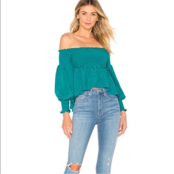 For Love & Lemons × Revolve Off The Shoulder Smocked Blouse in Emerald Size S - Picture 5 of 12